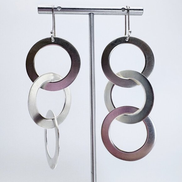 Sterling Silver 925 Triple Circle Interlocking Dangle Earrings Size 3.25" Length - Picture 1 of 10